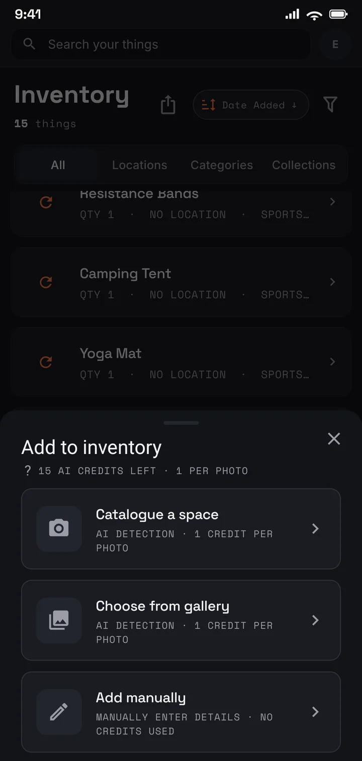 The Keeper of Things capture sheet: catalogue a space, choose from gallery, or add manually.