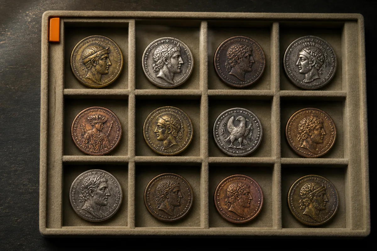 Twelve varied collectible coins arranged in an archival tray on a dark worktable.