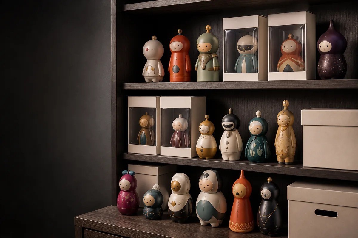 Original boxed and unboxed collectible vinyl figures arranged across a dark display shelf.