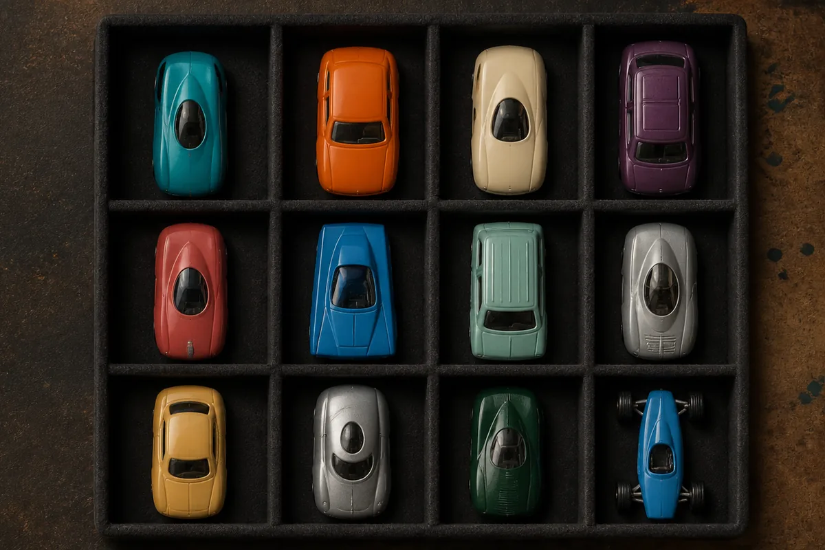 Twelve colourful miniature diecast cars arranged in a felt-lined collector tray.