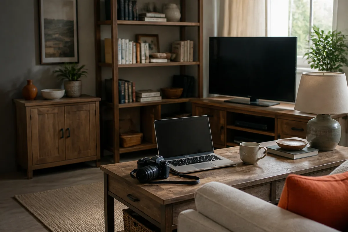 A lived-in living room with a camera, laptop, television, furniture, and household objects ready to document.
