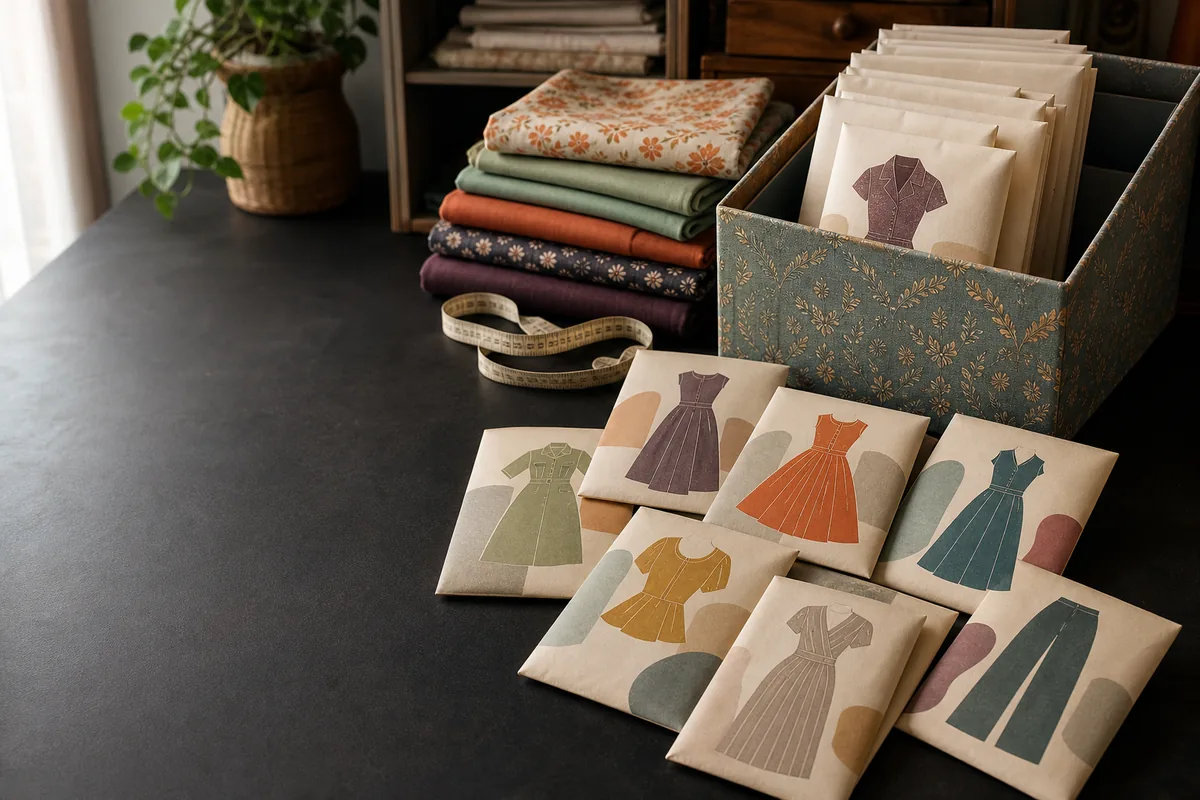 A sewing-pattern stash of illustrated envelopes, folded fabrics, and a fabric-covered storage box.