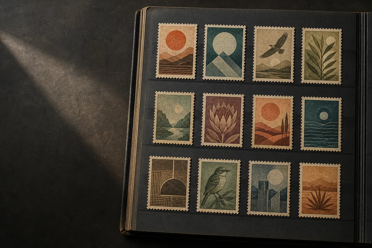 Twelve fictional collectible stamps with landscapes, birds, and plants arranged on a dark album page.