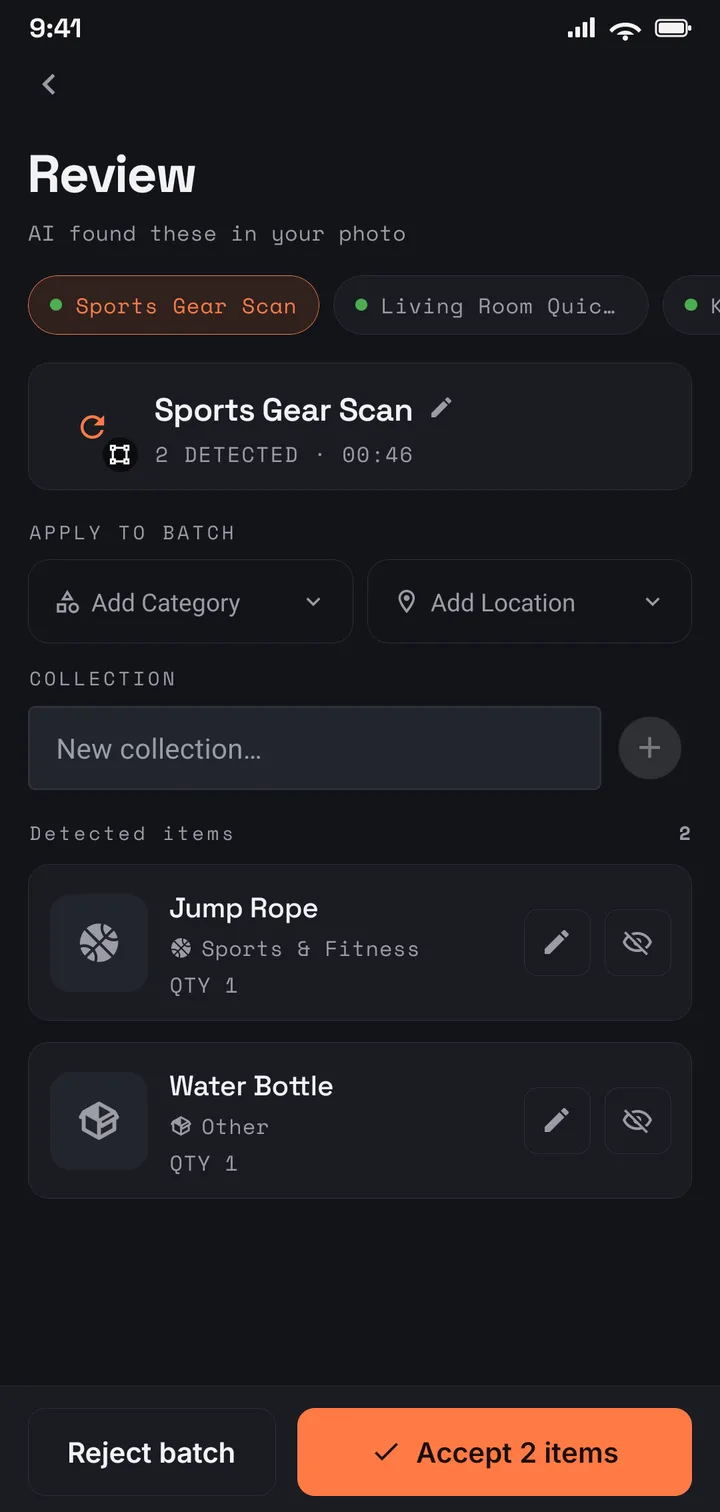 The Keeper of Things review screen showing items the AI detected in a photo, ready to accept.