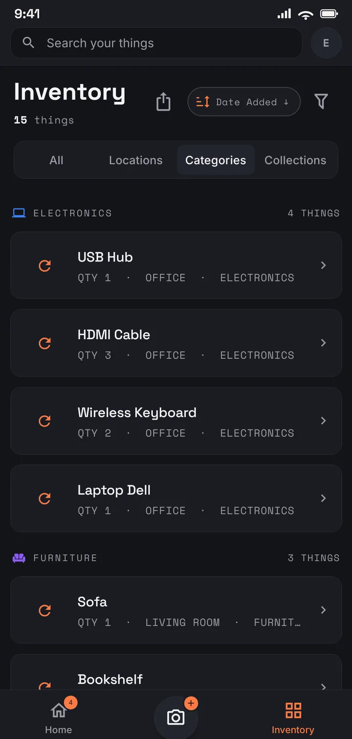 The Keeper of Things inventory grouped by category, showing Electronics and Furniture groups.