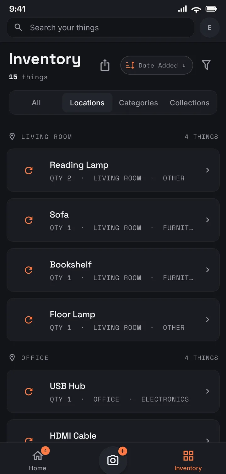 The Keeper of Things inventory grouped by location, showing Living Room and Office groups with item counts.