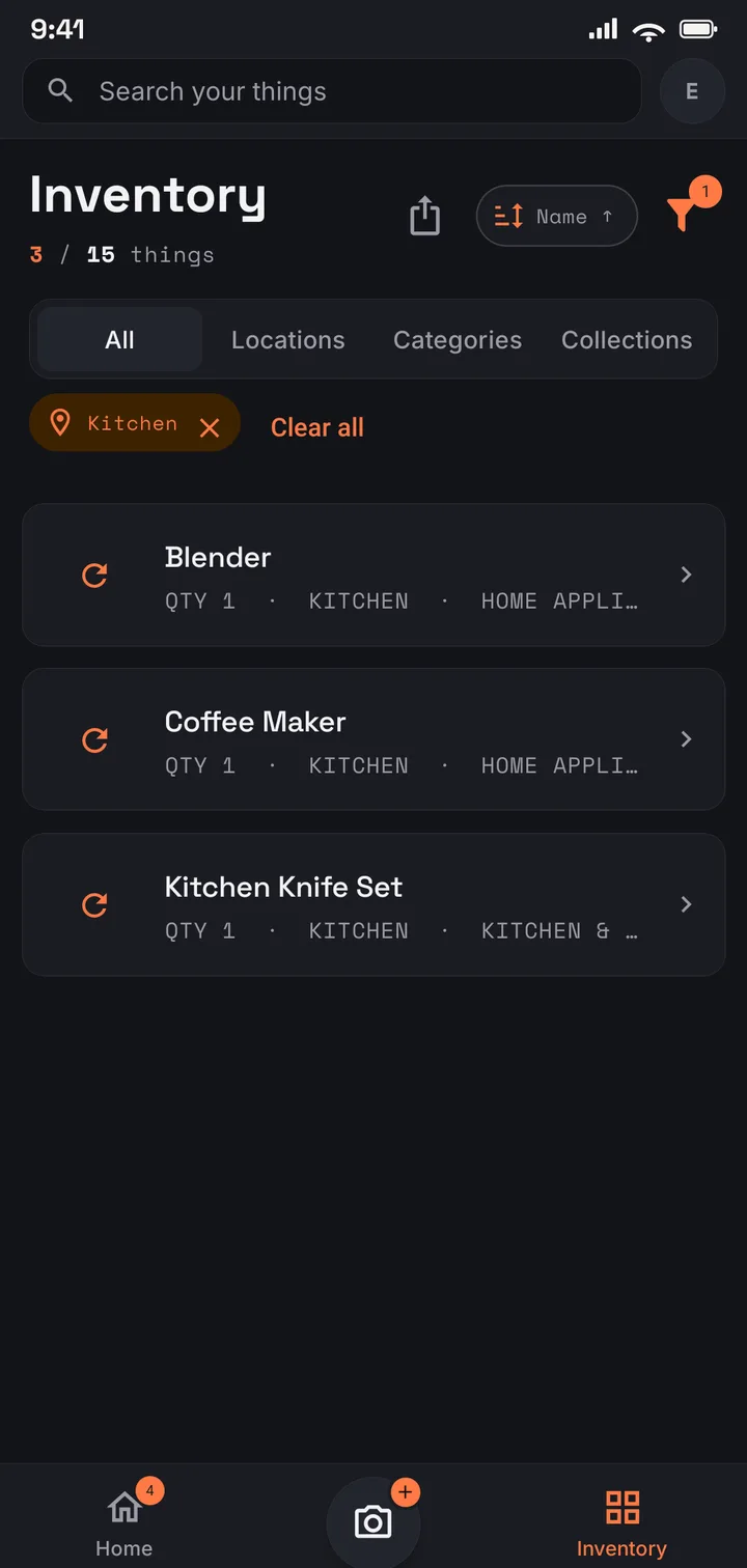 The Keeper of Things inventory filtered to a single location, showing only what is in that room.