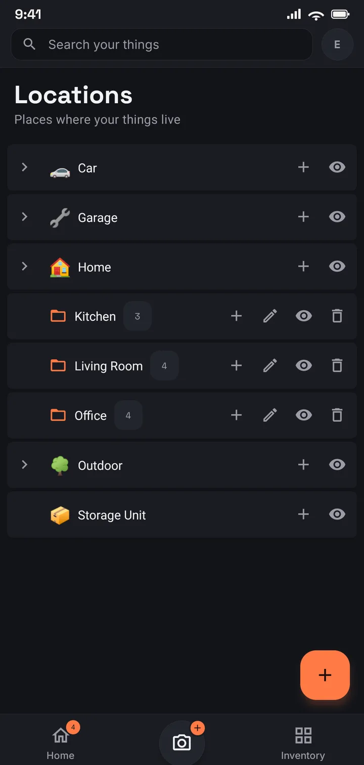 The Keeper of Things locations screen listing places like Car, Garage, Home, Kitchen, Living Room, Office, Outdoor, and Storage Unit.